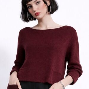 COS Knit Sweater Wool Boat Neck Lagenlook Burgundy 2 Pockets Sz M